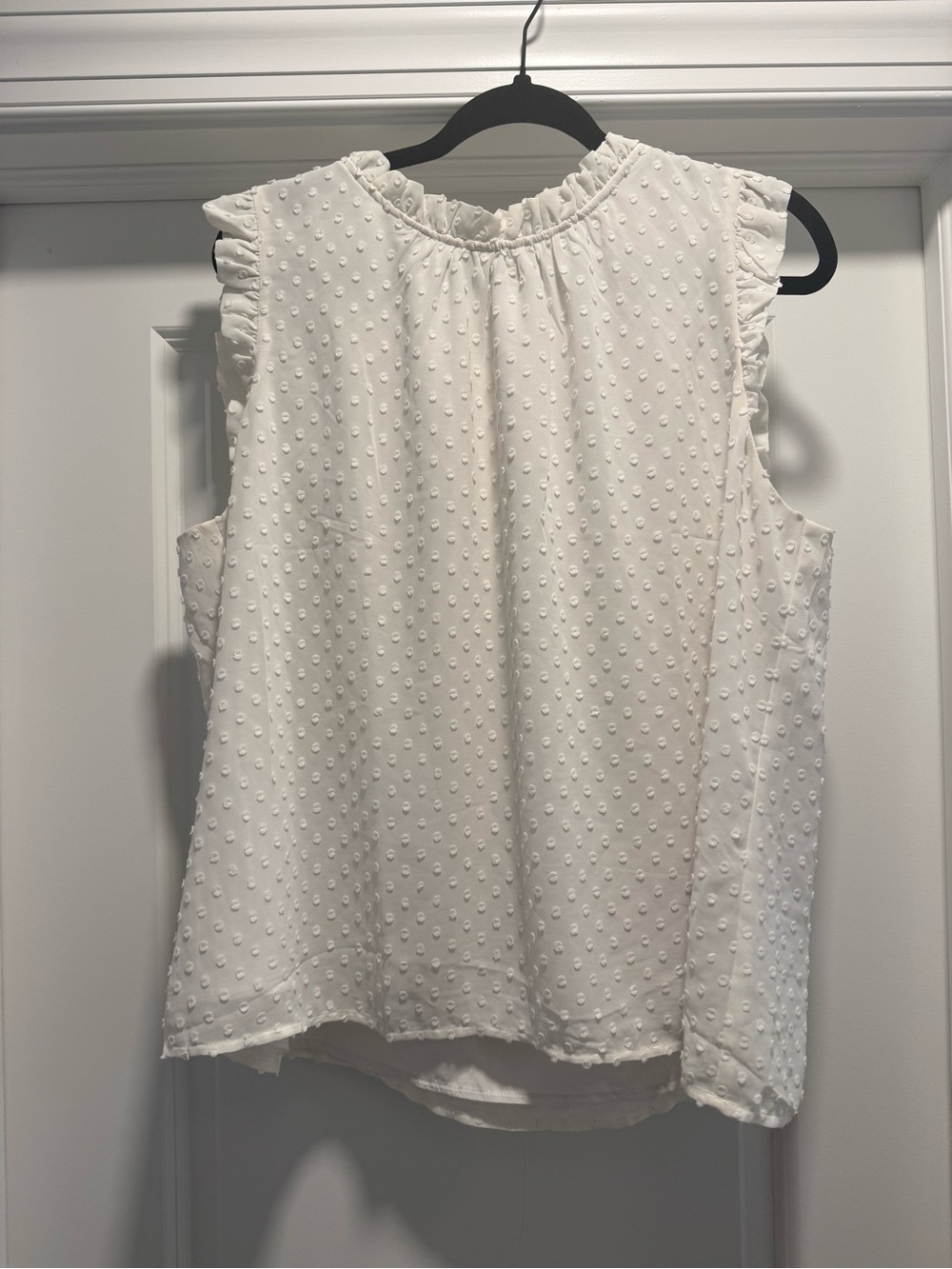 J. Crew White Swiss Dot Ruffle Neck Sleeveless Top